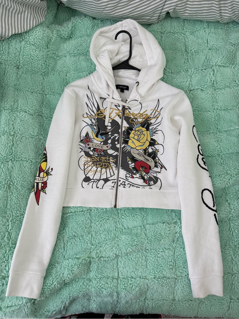 Ed Hardy White Graphic Zip-Up Cropped Hoodie Jacket